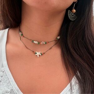 Bohemian Starfish Shell Double Strand Choker Necklace with Beads